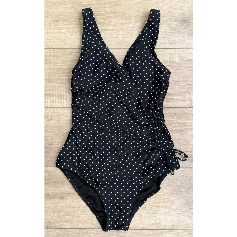 NWT TALBOTS AQUA CLUB BLACK WHITE TAHITI DOT FAUX WRAP ONE PIECE SWIMSUIT SZ XL